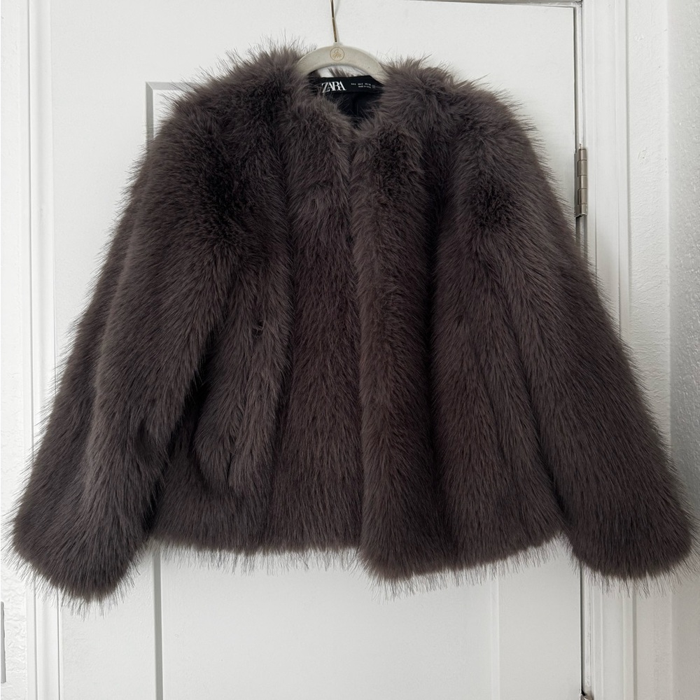 Zara Faux Fur Jacket in Dark Gray